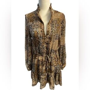 House of Harlow 1960 Brown Boho Mini Dress  Sheer Balloon Sleeve Shimmer Size 6